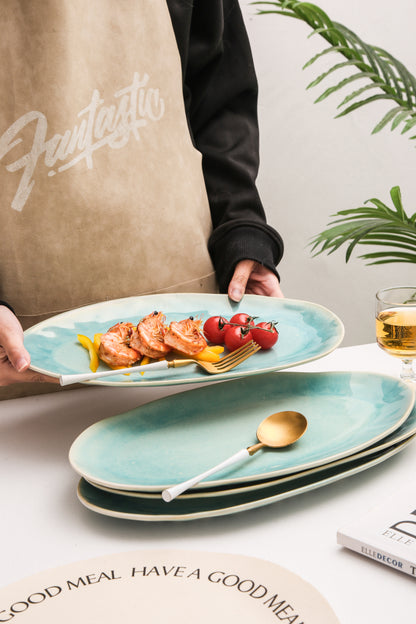 3-Piece Stoneware Serving Platter Set in Aqua Blue
